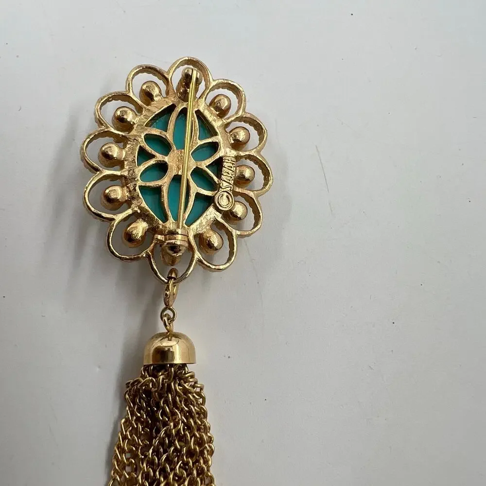 Sarah Coventry Magic Moods Faux Turquoise Brooch Gold Tone Chain Tassel 1973